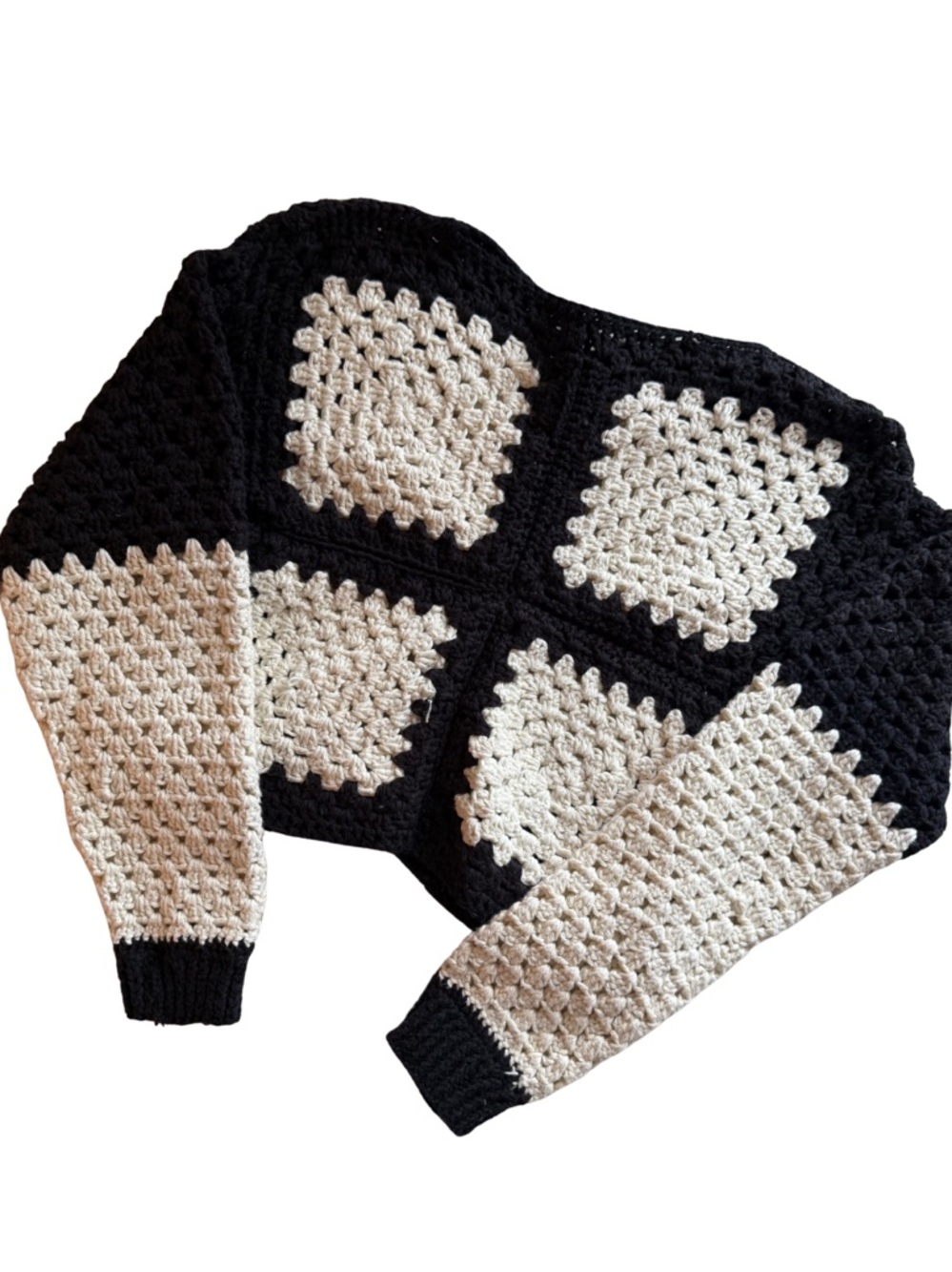 Black and Cream Crochet Patchwork Sweater